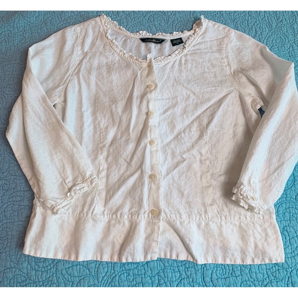 Eddie Bauer White 100% Linen Ruffle Neck Button Front Blouse Top Womens Size M